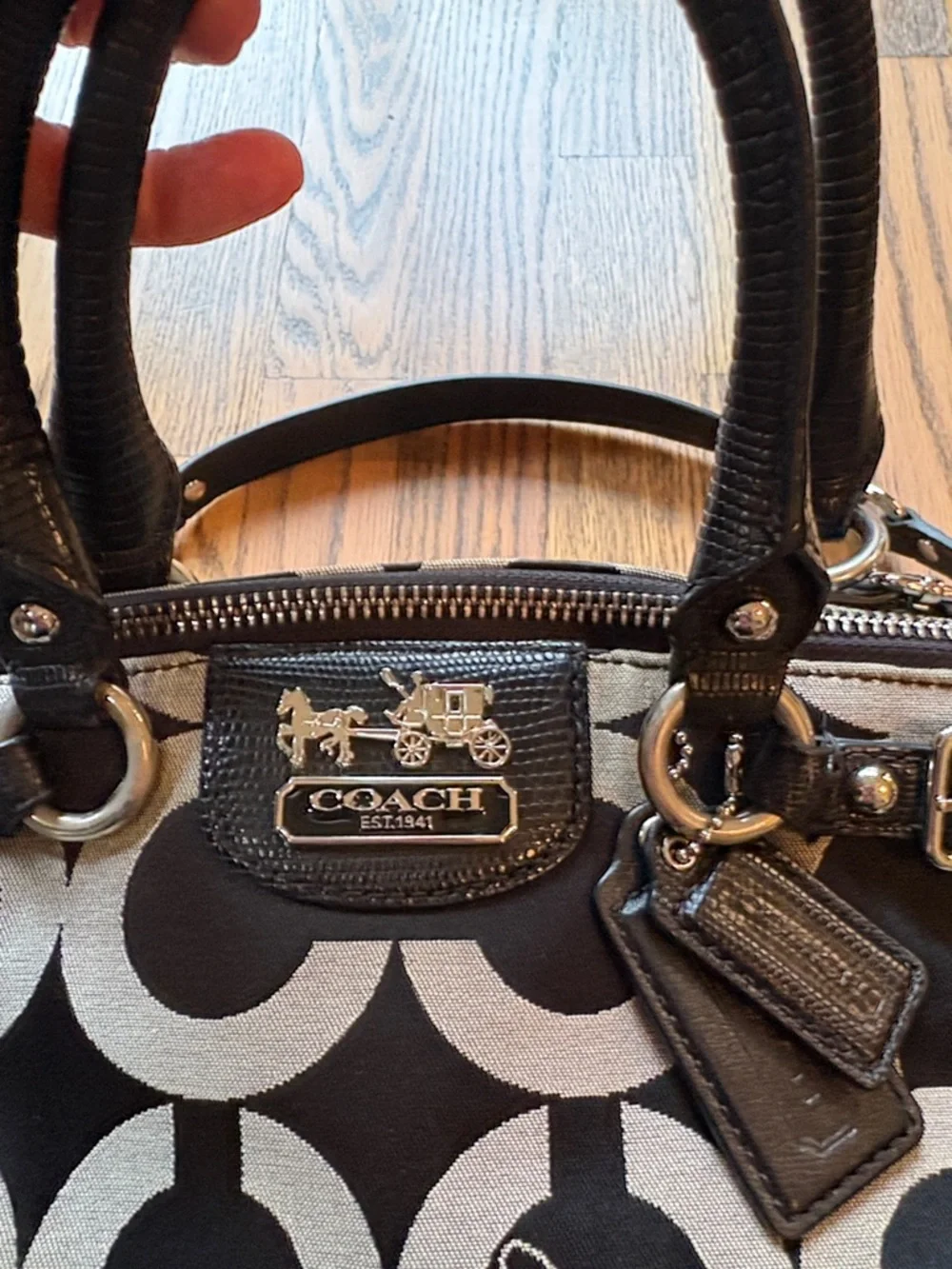 Coach Madison Sophia Satchel bag in black Op Art lured fabric w/leather trim